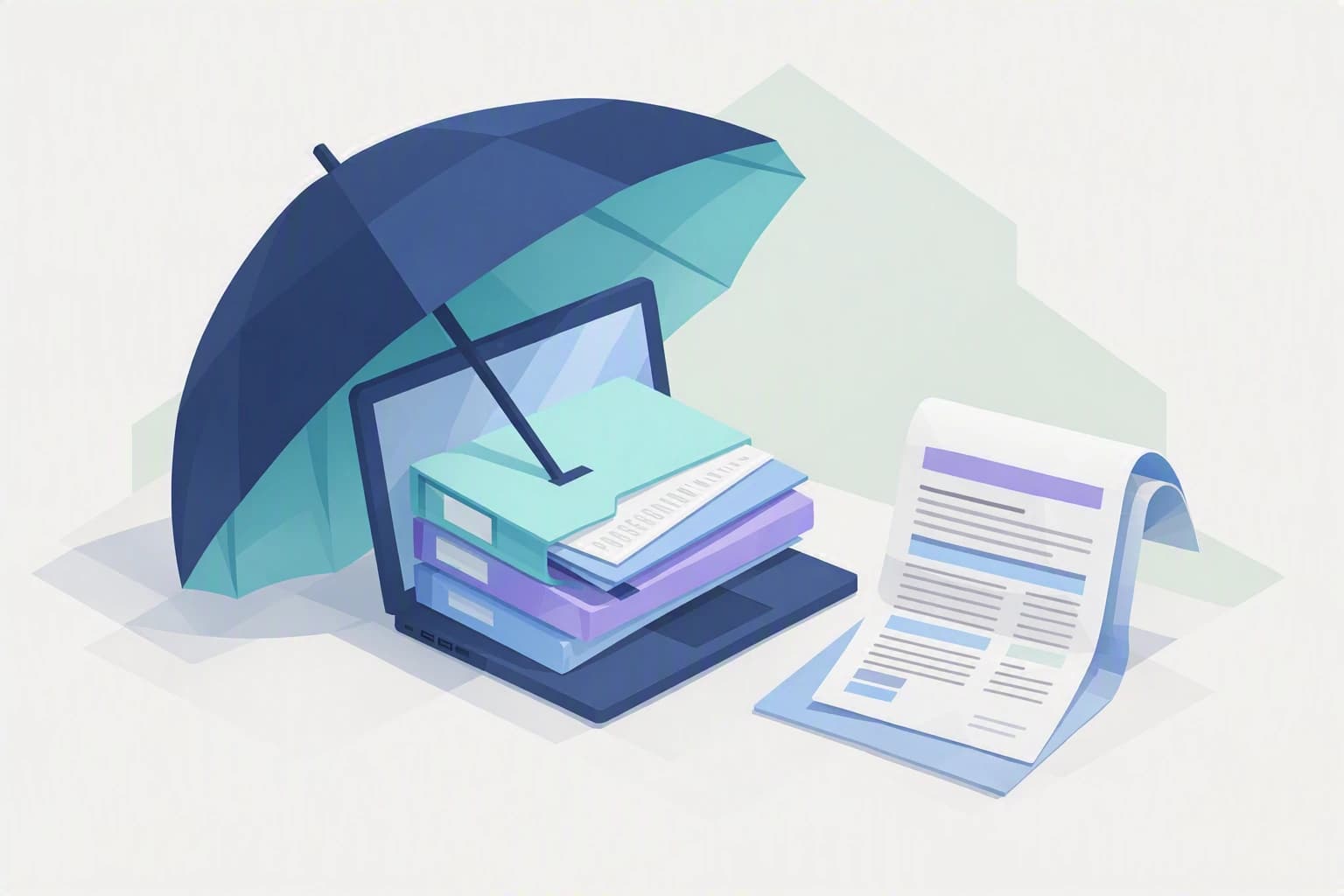 Un parapluie protège l'ordinateur et les dossiers d'une petite entreprise, laissant un coin exposé, un contrat d'assurance en petits caractères posé à côté
