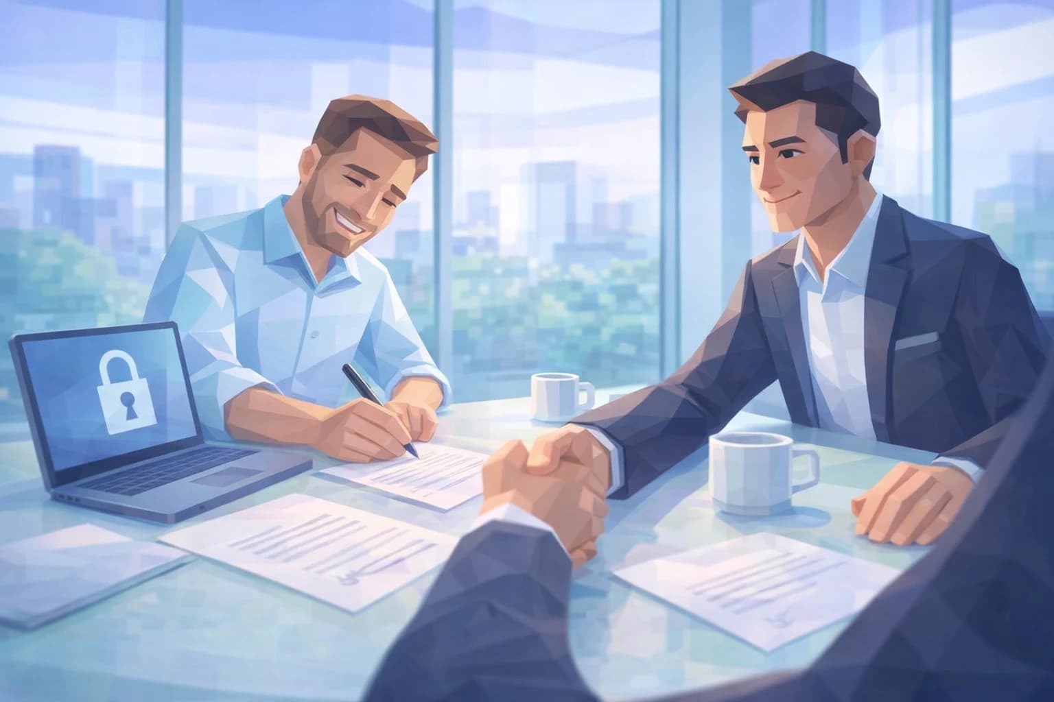 Illustration : une poignée de main entre une dirigeante de PME et un client, sur fond de dossiers protégés par un cadenas