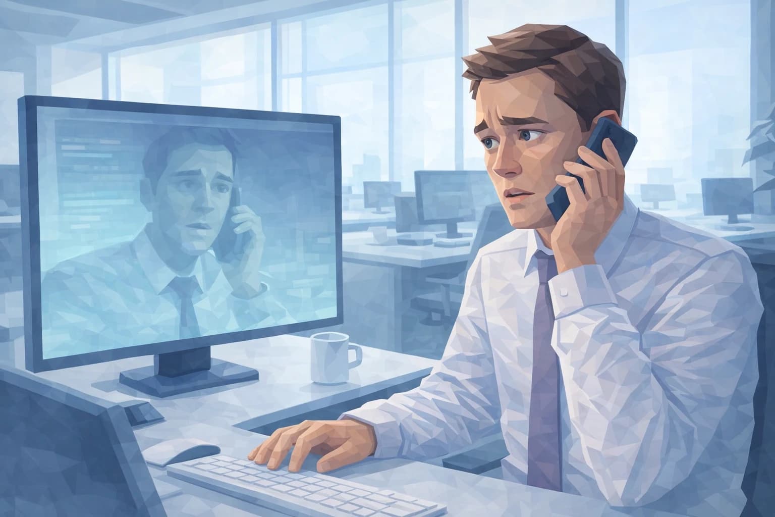 Illustration : un appel vidéo professionnel dont les participants sont des visages recomposés par l'intelligence artificielle