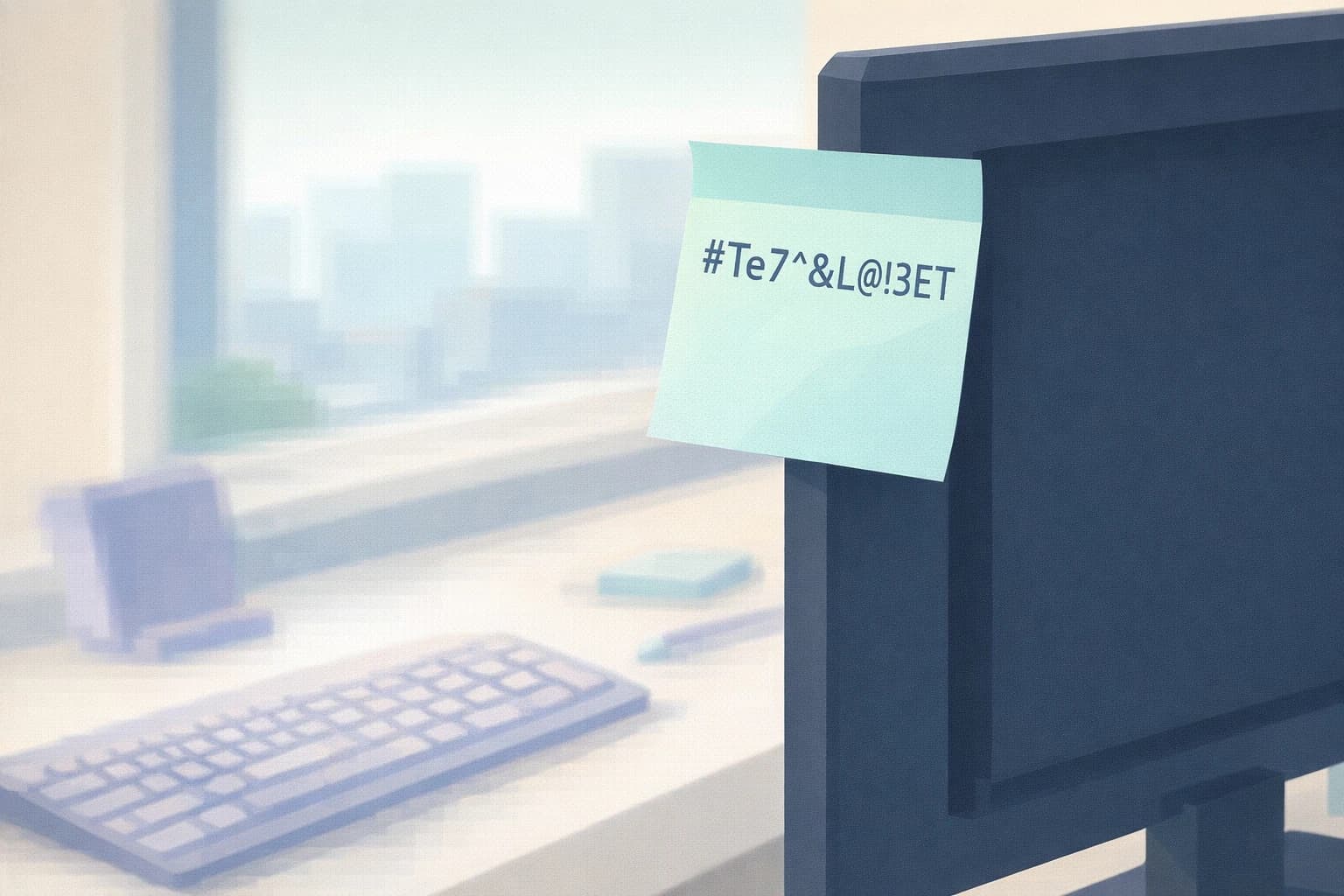 Illustration : un bureau de fiduciaire avec un mot de passe noté sur un post-it et des dossiers clients hébergés dans le cloud.