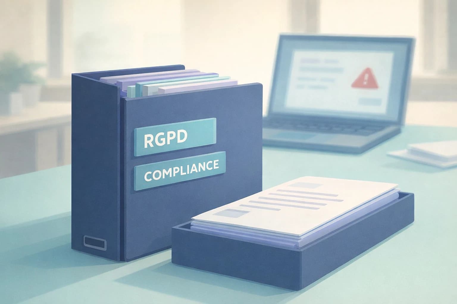 Illustration : une dirigeante de fiduciaire relit un dossier, entre un tampon « conforme » et une alarme éteinte