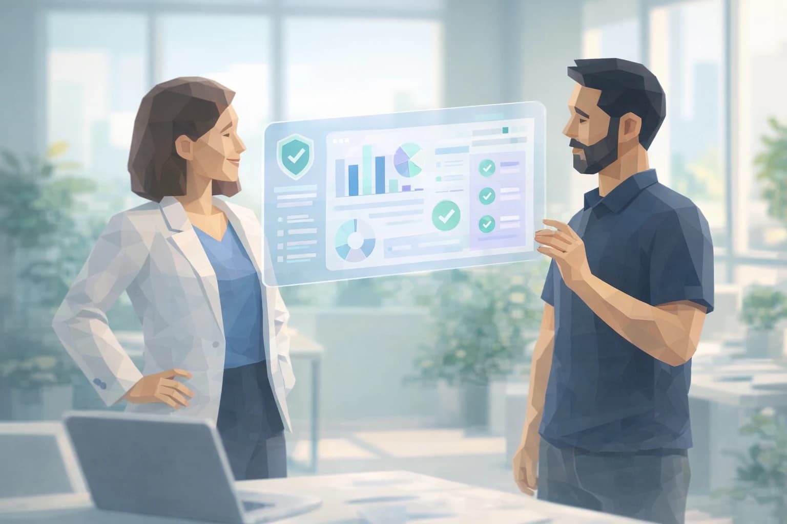 Illustration : une dirigeante de PME présente à un client un tableau clair de sa sécurité