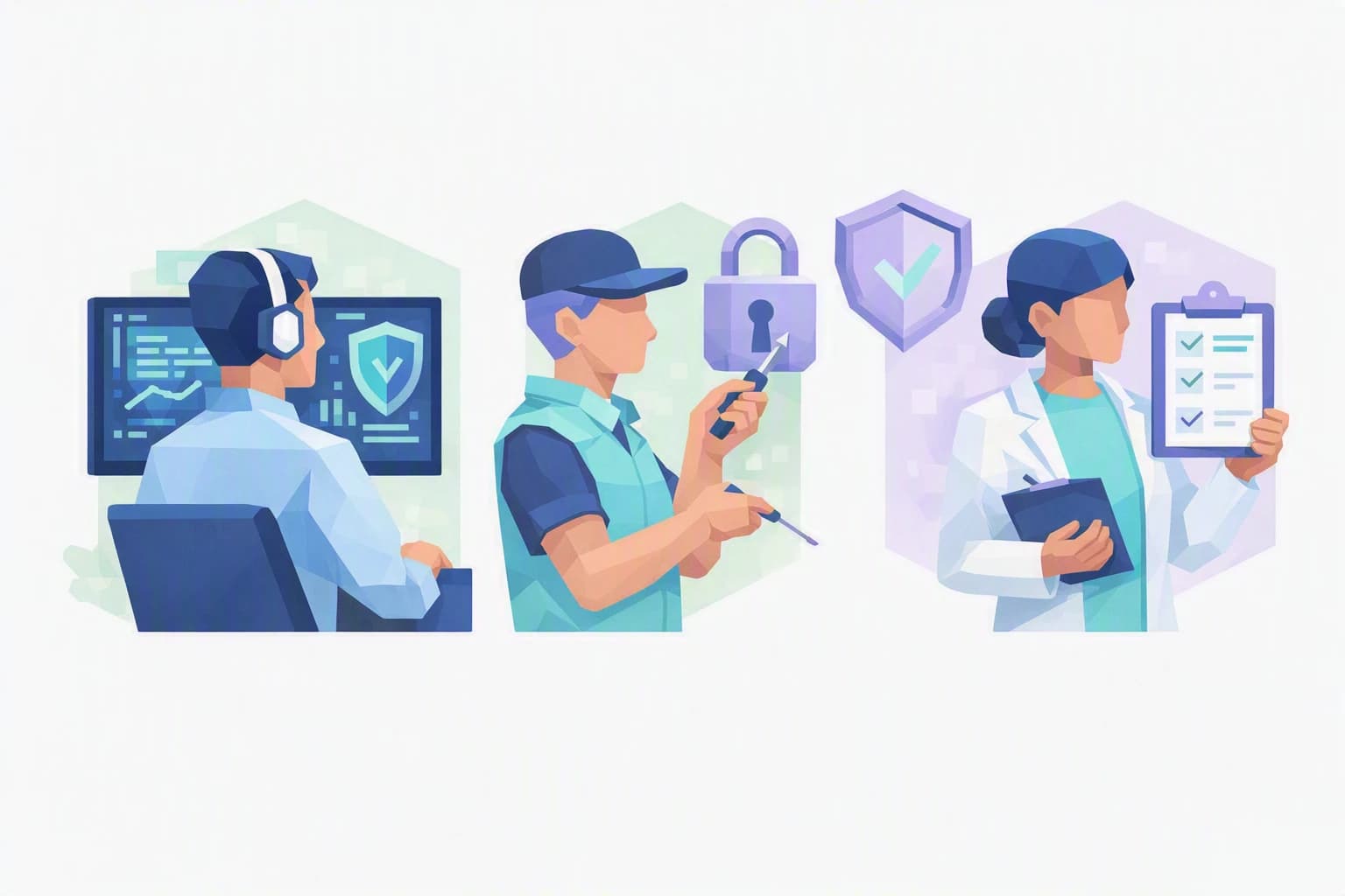 Une rangée de professionnels de la cybersécurité, chacun avec l'emblème de son rôle : surveillance d'un écran, test d'une serrure, conseil avec un bloc-notes
