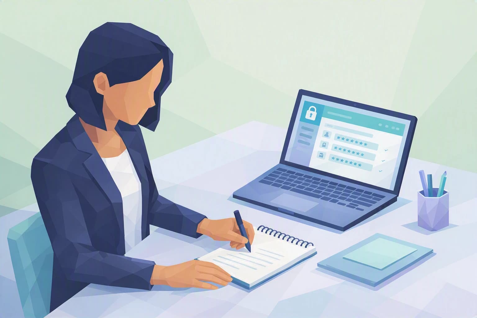 Une dirigeante de PME note une règle de mot de passe simple sur un carnet, une phrase de passe facile à retenir, un gestionnaire ouvert sur le portable