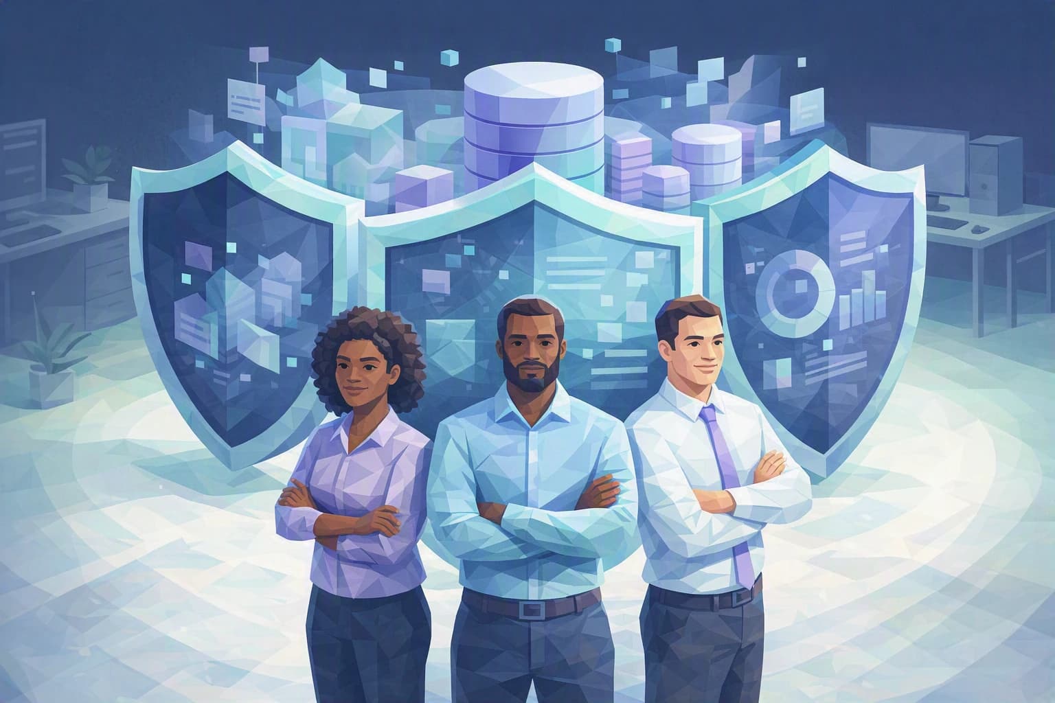 Une petite équipe rassemblée forme une première ligne de défense devant les données de l'entreprise, des collaborateurs confiants et valorisés