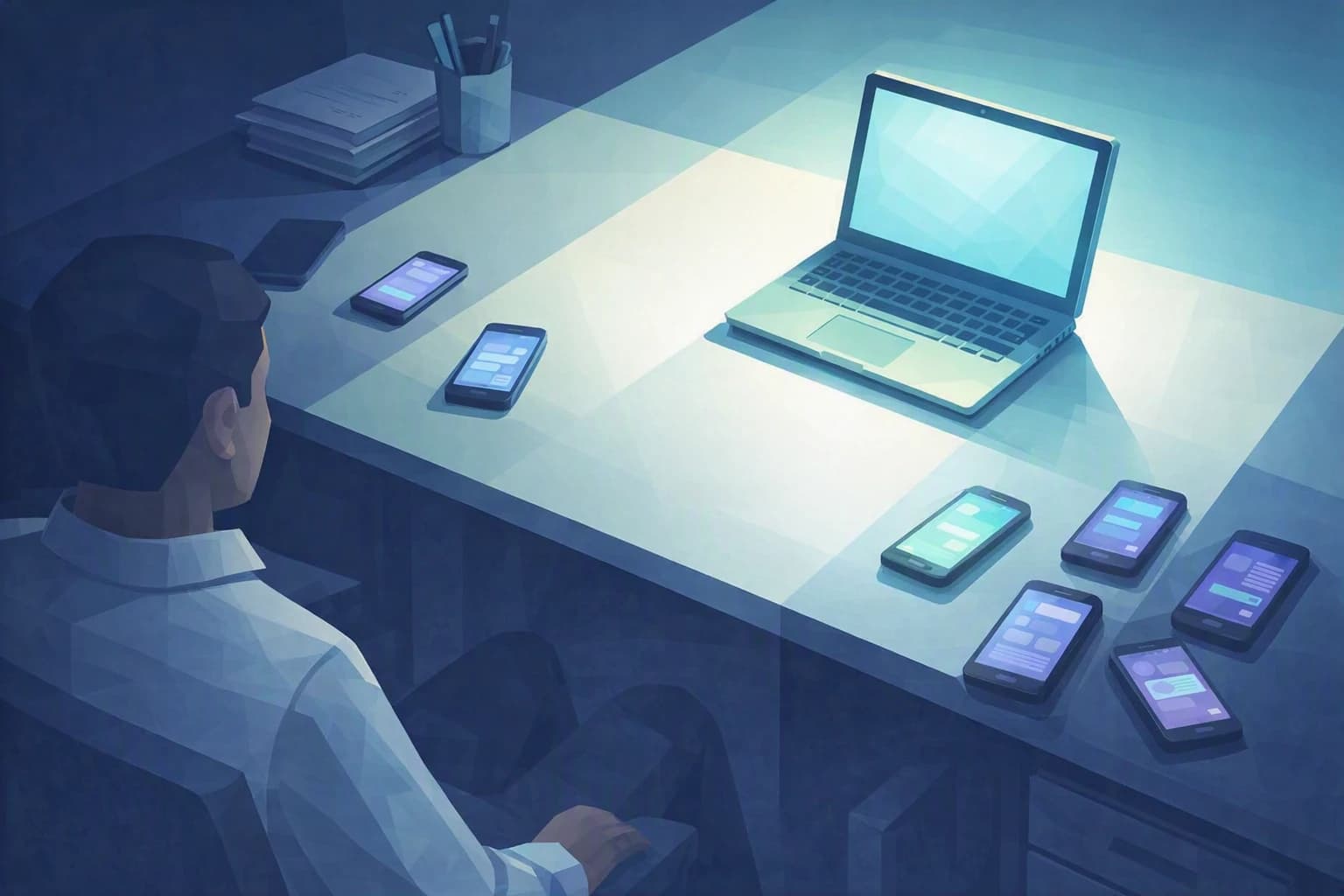 Un bureau partagé entre lumière et ombre : un portable approuvé dans la lumière, des téléphones personnels et applications non officielles dans la pénombre