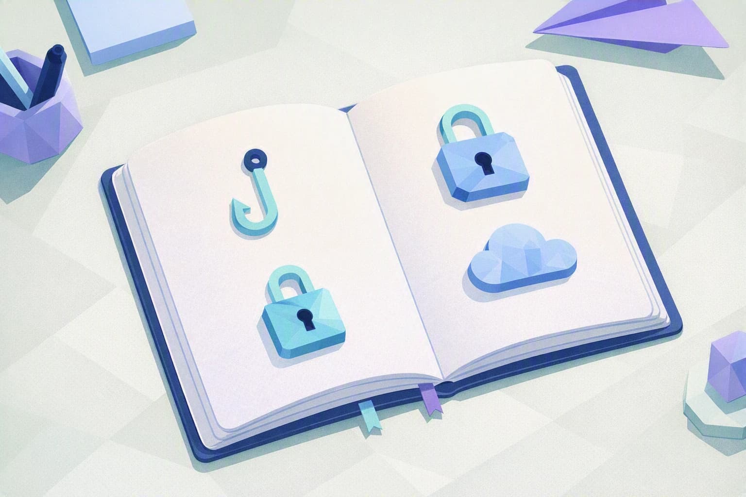 Un carnet ouvert où des termes de cybersécurité sont associés à de petites icônes claires : un hameçon, un cadenas, un nuage