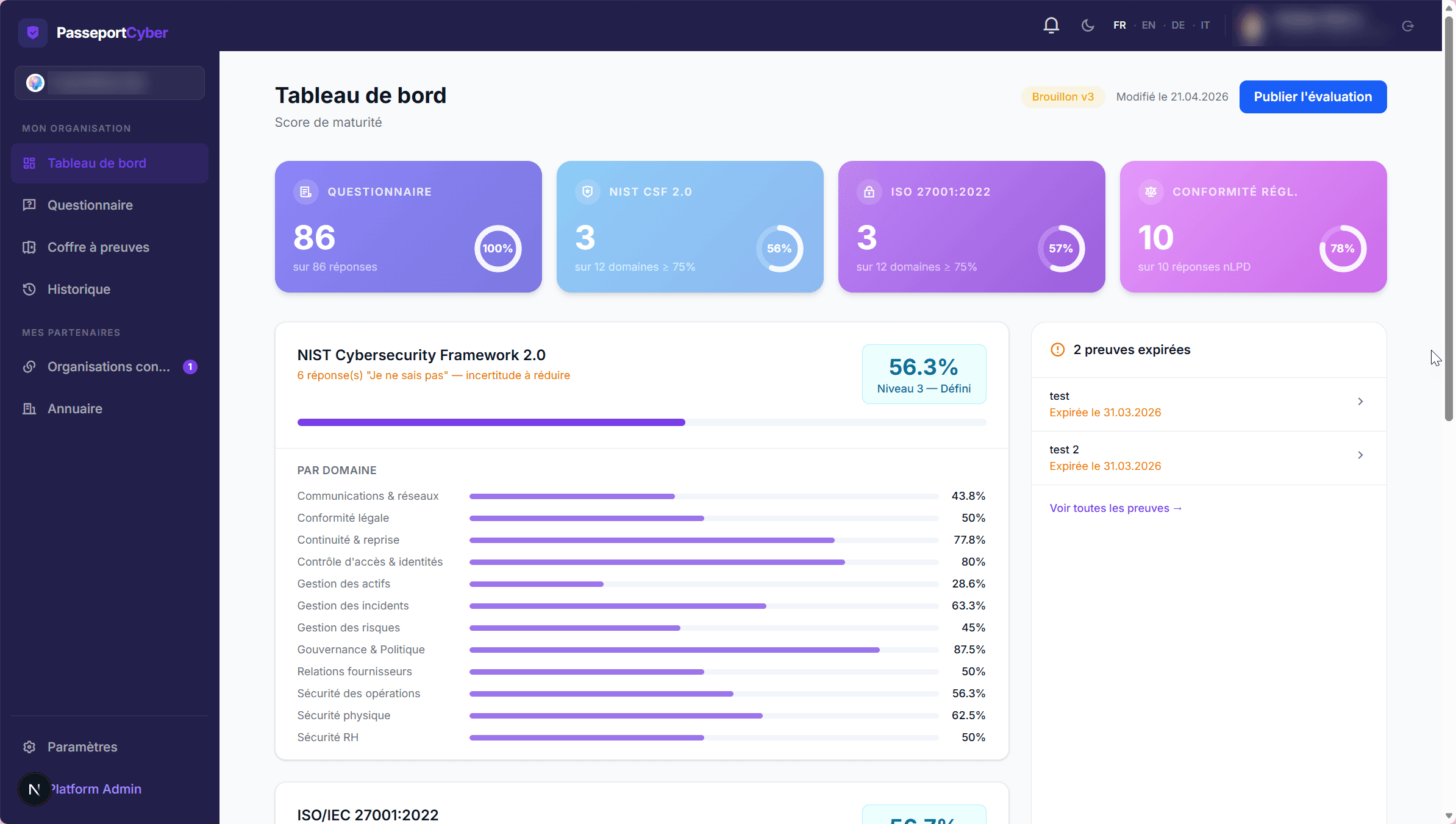 Tableau de bord CyberPassport : score de maturité par framework et progression par domaine