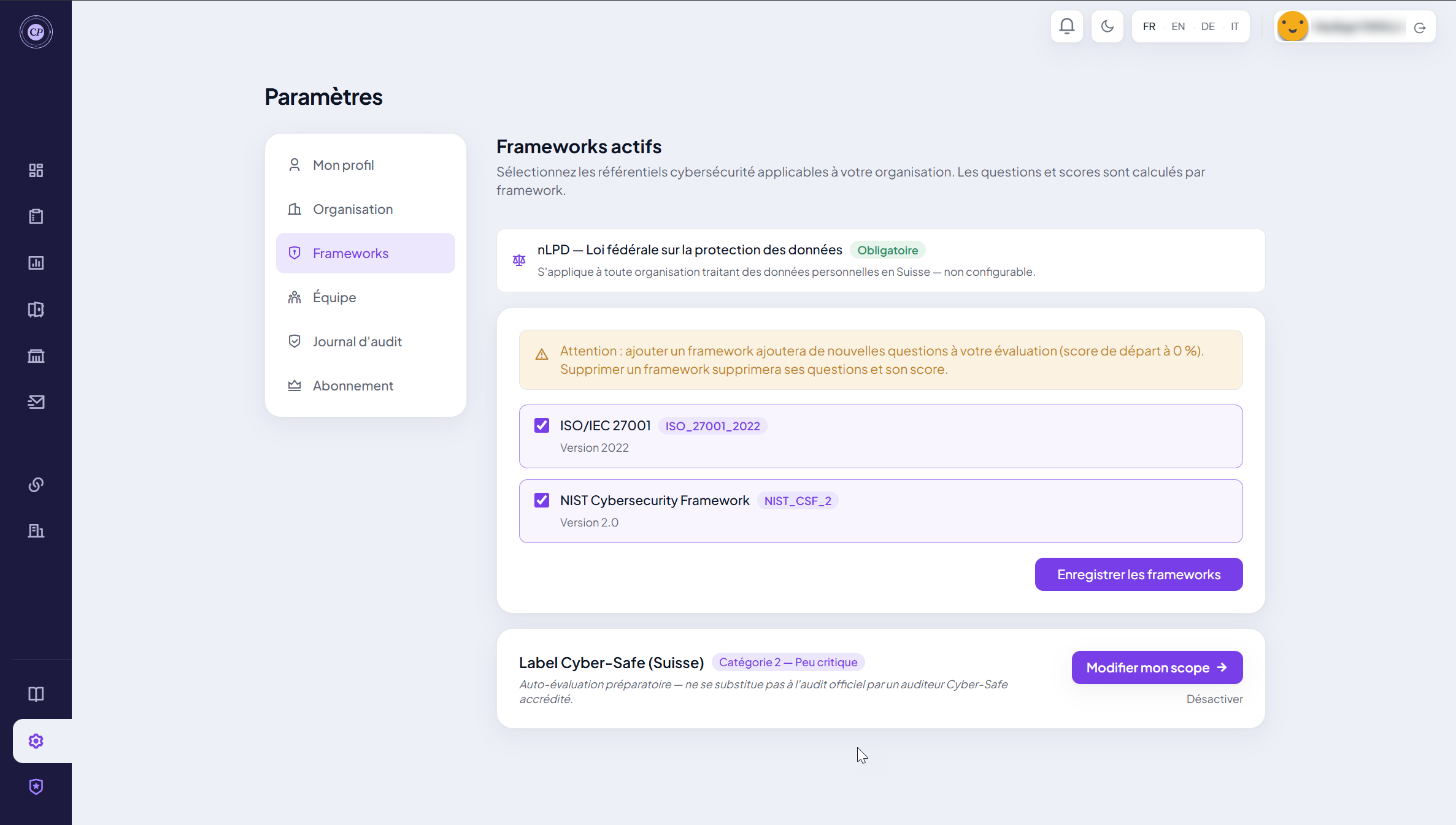 Configuration des frameworks avec NIST CSF 2.0 et ISO 27001 activés