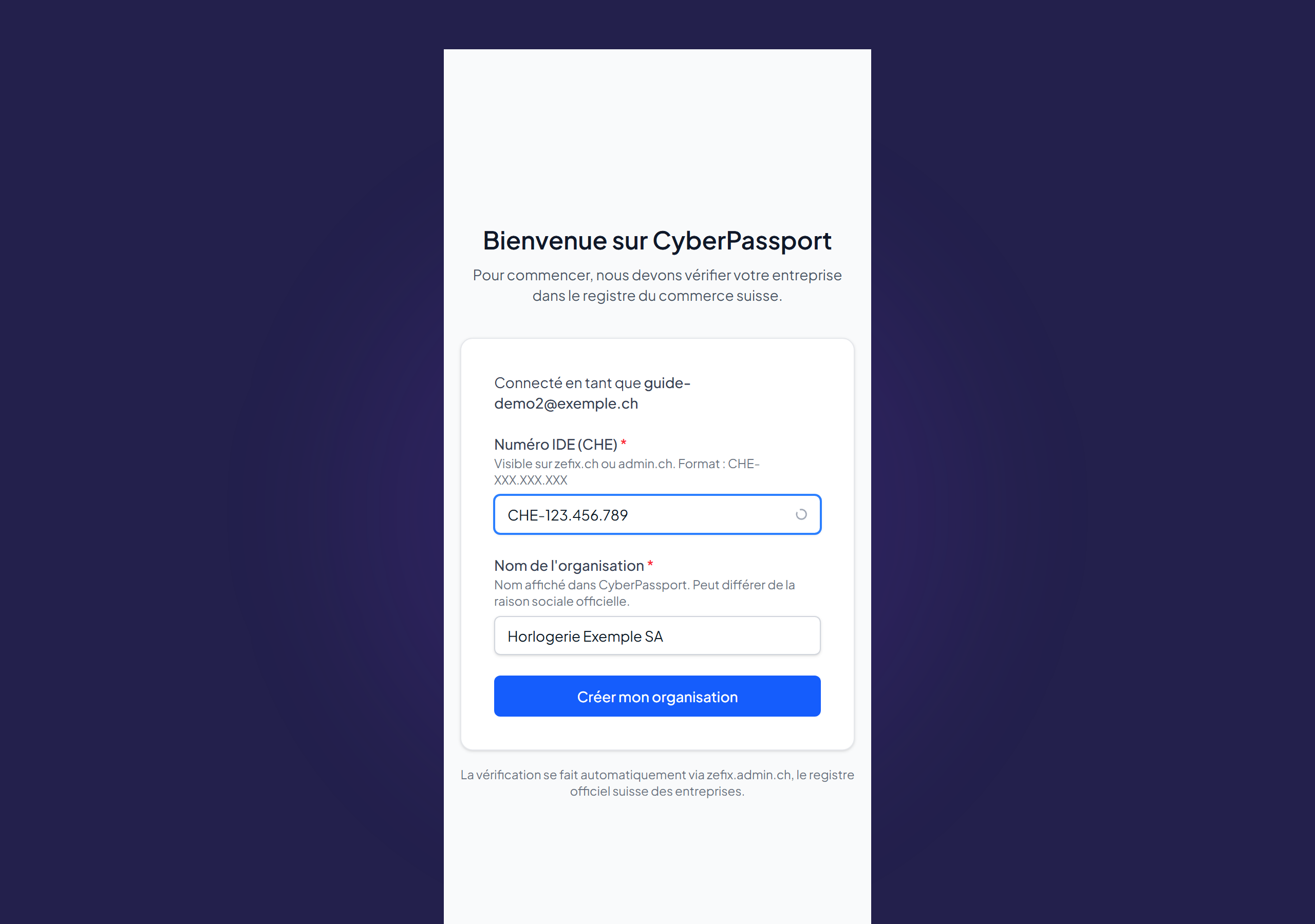 Écran d'onboarding « Bienvenue sur CyberPassport » avec les champs Numéro IDE et Nom de l'organisation