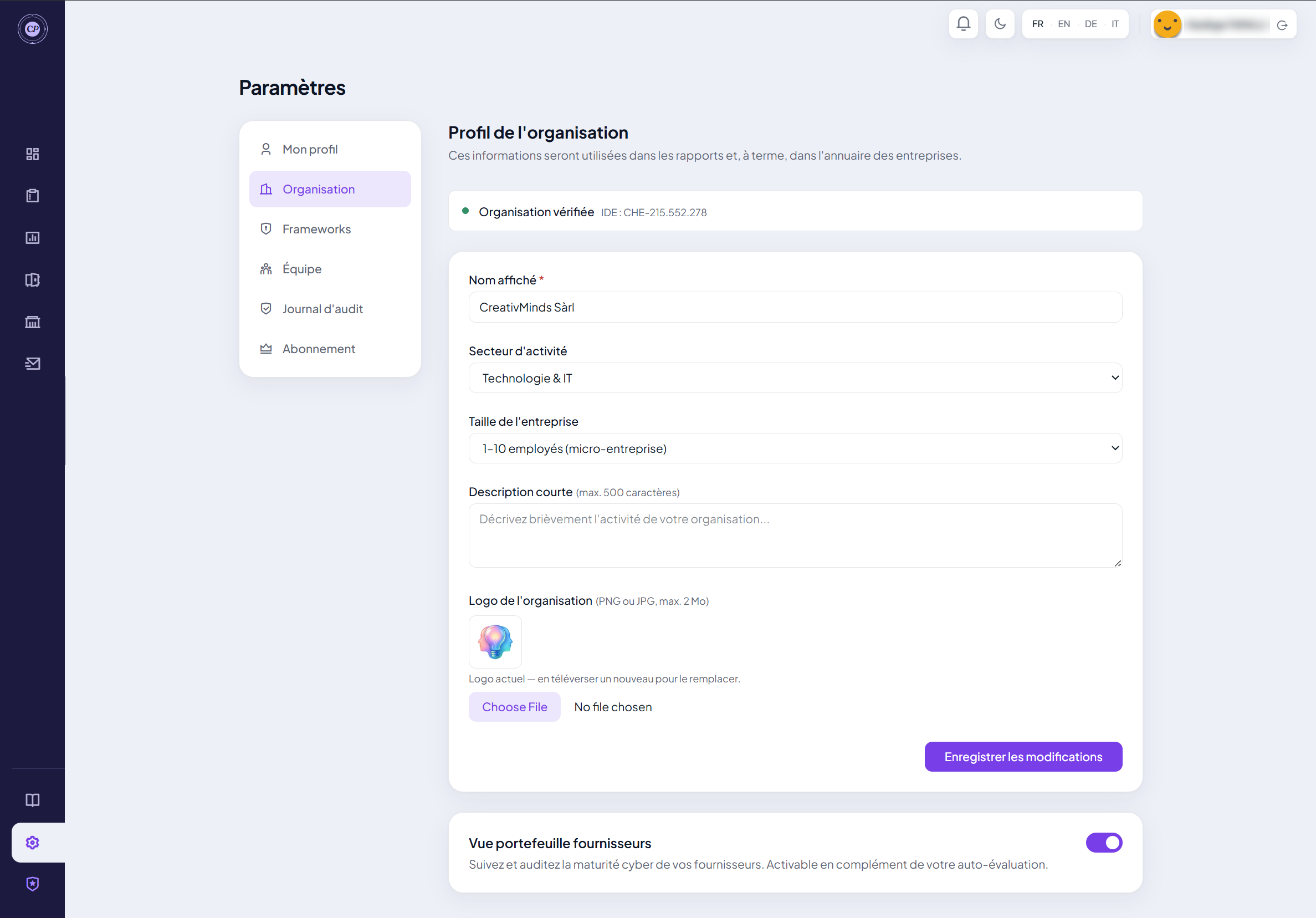 Formulaire du profil de l'organisation rempli