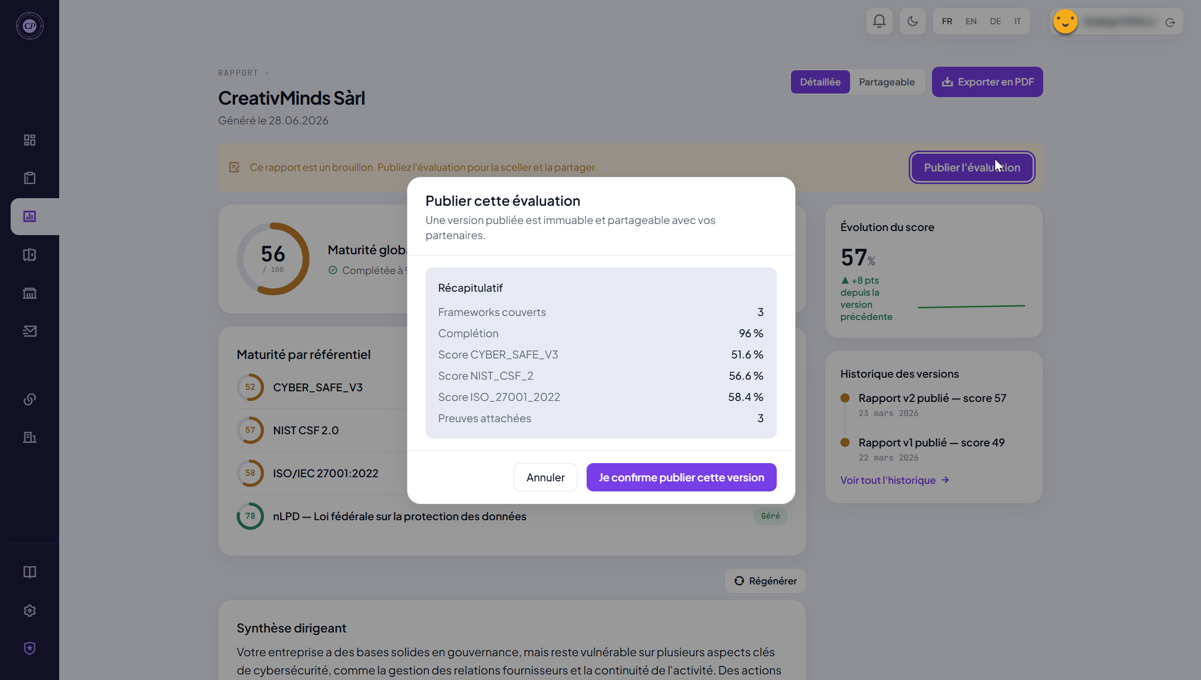 Modale « Publier cette évaluation » avec le récapitulatif de la version (frameworks, complétion, scores, preuves)